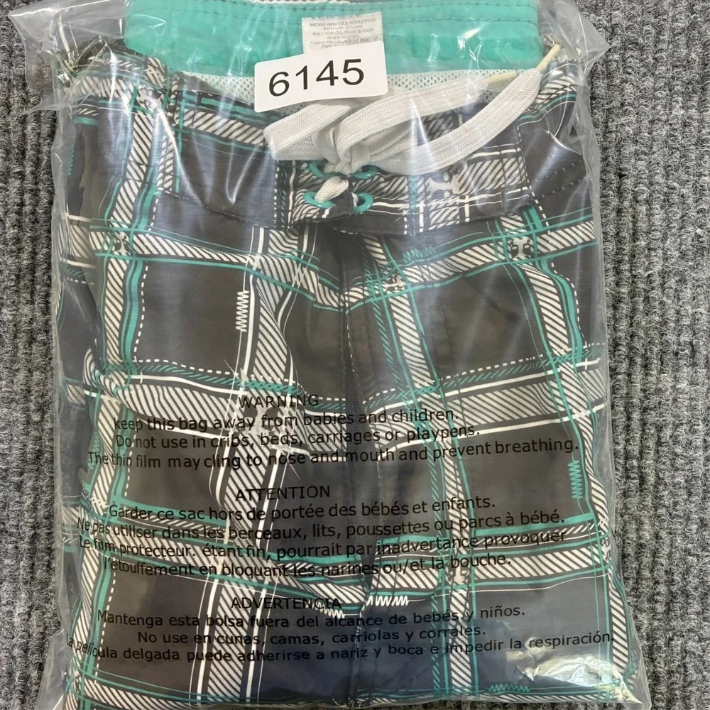 Joe Boxer Mens Swim Shorts Size XL Plaid Black Teal Drawstring Lined‎ Pockets